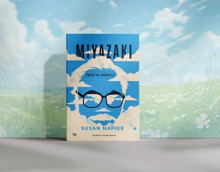 książka "Miyazaki" na tle grafiki łąki
